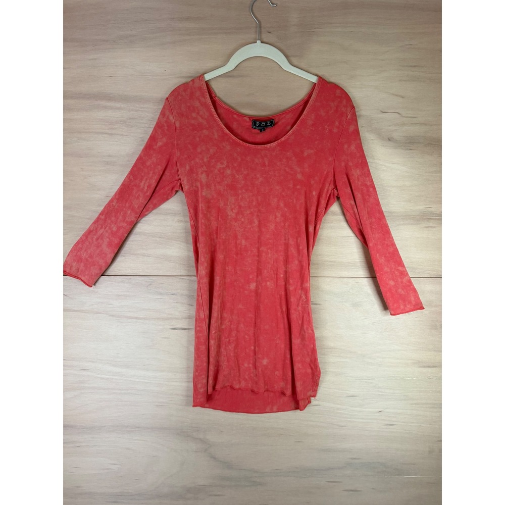POL Womens Acid Wash Long Sleeve Scoop Neck Top Coral Pink SUN70 Size S
